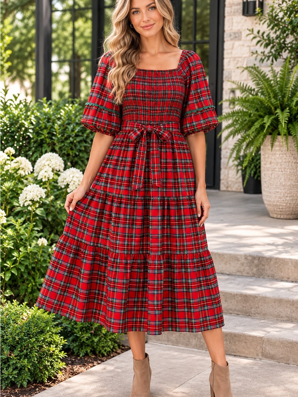 New Large Plaid Smocked Red Midi Dress with Puff Sleeves